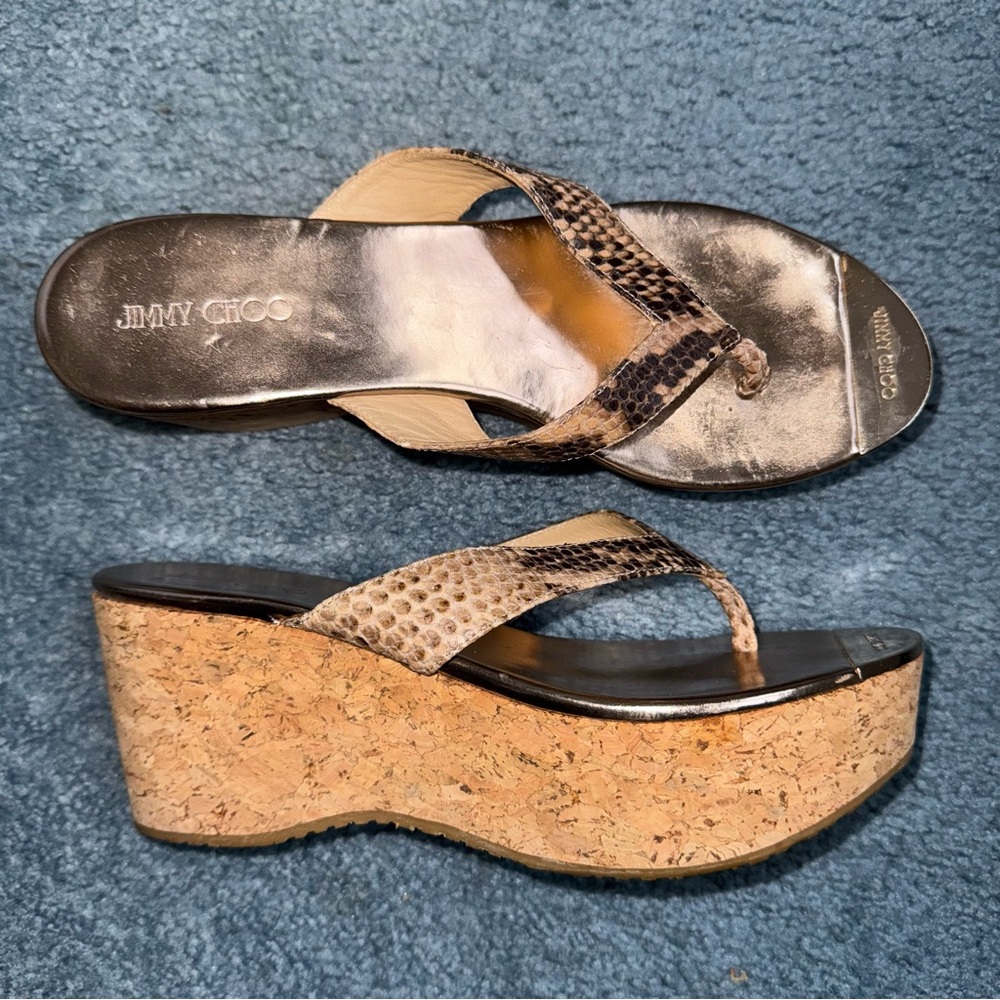 Jimmy Choo Gold Snakeprint Leather Cork Platform Slide Sandals 8